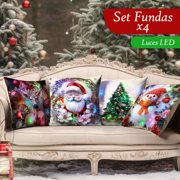 Set Fundas Navidenas X4 Con Luces 